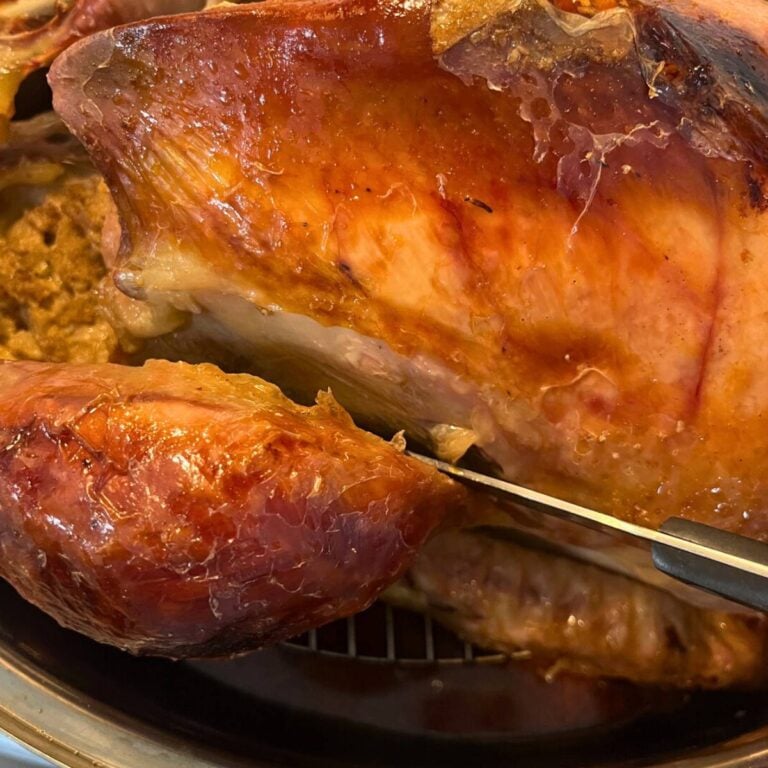 Woman slicing into roast turkey.